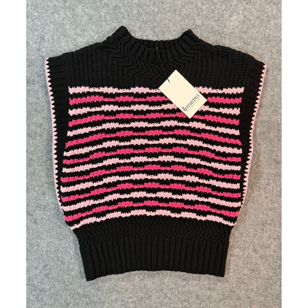 &merci Pink Black Striped Knit Sweater Vest Mock Neck Scalloped Trim Large NWT
